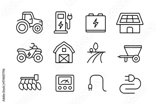 Renewable Farm Transport Icons. Outline icon set of renewable farm transport: electric tractor, charging
