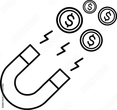 Money Magnet Vector Icon, Business Attraction Concept, Dollar Coins and Magnet Illustration