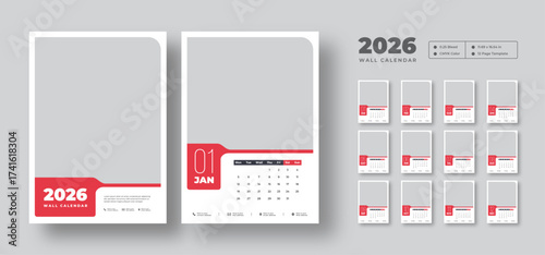 2026 monthly wall calendar design  | Week starts on Monday, A3 size | Editable 12-page vector template | Monthly planner design in corporate and business style
