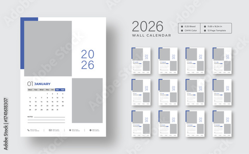 2026 monthly wall calendar design  | Week starts on Monday | Editable 12-page vector template | Clean wall planner for home or office