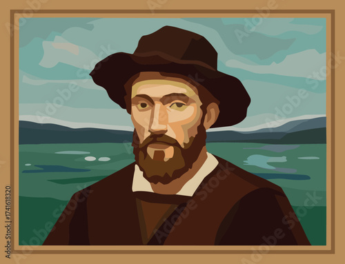 Vintage portrait painting, bearded man illustration, classic framed artwork, historical style, digital art, rustic design, traditional character