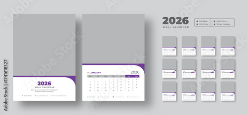 2026 monthly wall calendar design  | Week starts on Monday, A3 size | Editable 12-page vector template | Monthly planner design in corporate and business style