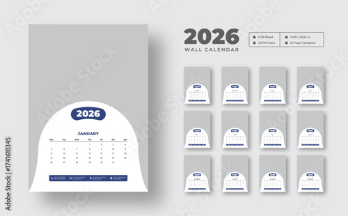 2026 monthly wall calendar design  | Week starts on Monday | Editable 12-page vector template | Clean wall planner for home or office