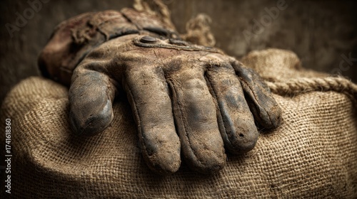 Wallpaper Mural Worn leather work glove resting on burlap surface with soft lighting Torontodigital.ca