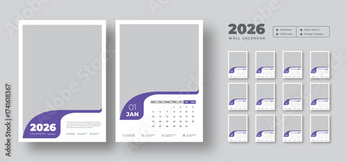 2026 wall calendar template with 12 monthly pages and planner  | Week starts on Monday | Minimal layout for corporate, office, business or professional use