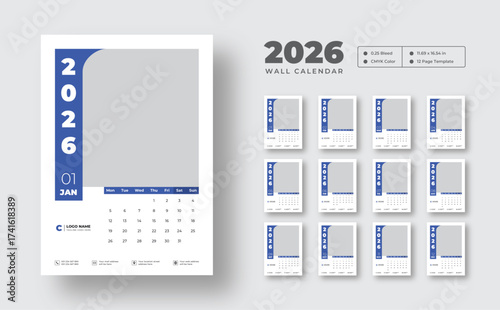 2026 wall calendar template with 12 monthly pages and planner  | Week starts on Monday | Minimal layout for corporate, office, business or professional use