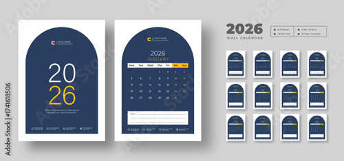 2026 wall calendar template | Week starts on Monday | Monthly planner in 12-page vector format | Printable wall design with clean editable layout