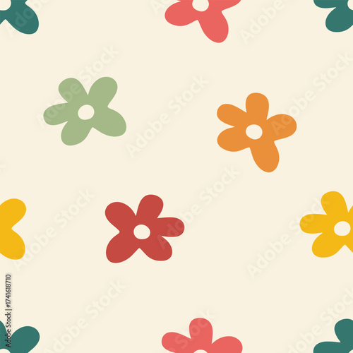 Seamless pattern with colorful abstract daisy flowers on a light background