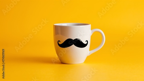 White coffee mug with a black mustache on yellow background