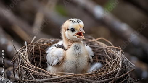 A baby chick in a nest looking up at its surroundings