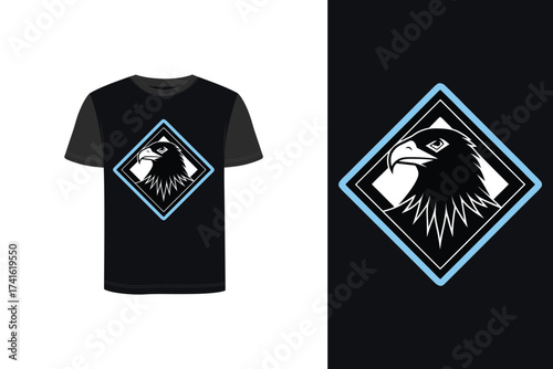 Tshirt mockup eagle head graphic inside a light blue diamond frame dark blue bird