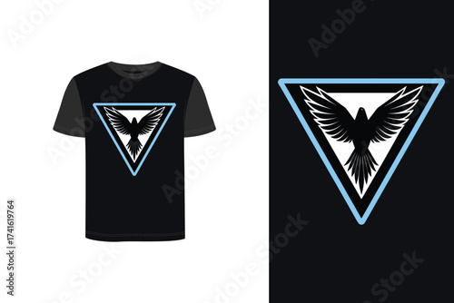 Tshirt mockup eagle wings spread inside a light blue triangle emblem bird