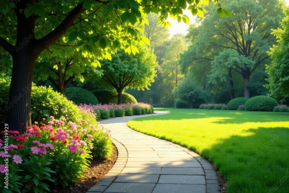 Obraz premium Serene Pathway Winding Through a Lush Garden Landscape with Vibrant Blossoms and Sunlit Green Grass