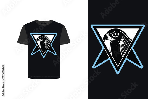 Tshirt mockup falcon head graphic with light blue outline in triangle bird logo