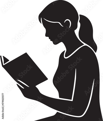 Female Reading Book Profile Silhouettes Vector Icon