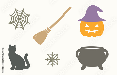 Halloween, pumpkin, witch, hat, broom, cauldron, black cat, spider web. Party, holiday, decoration, fantasy, October, celebration, special day, night. Set, icon, vector