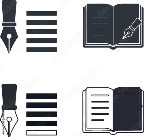 Creative writing icons pen and paper symbol set elegant design for education and business concepts