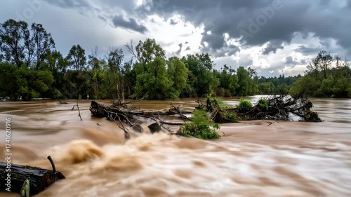 Raging muddy river filled with debris flows powerfully through trees under a dramatic stormy sky
