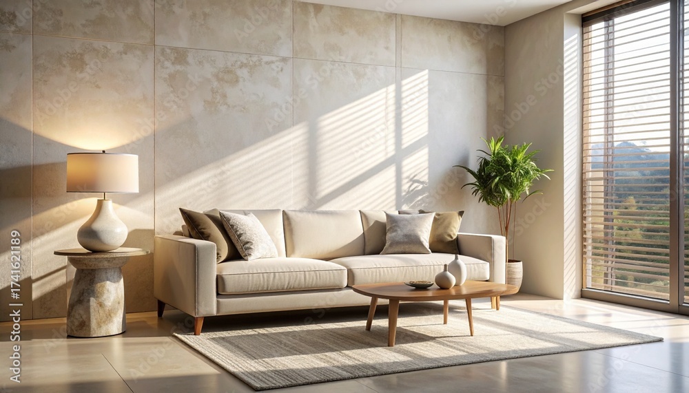 Fototapeta premium Minimalist Living Room Corner with Sunlight Through Slatted Blinds