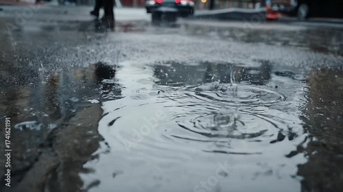 Raindrops create ripples and splashes on a wet urban street reflecting the surroundings