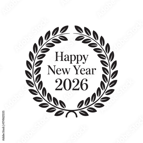 Happy New Year 2026 Typography Design with Laurel Leaf Wreath