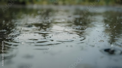 Raindrops falling on a wet surface creating ripples in the water