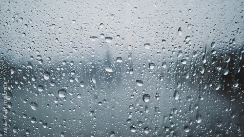 Raindrops falling on a window pane with a blurred outdoor background creating a wet textured surface