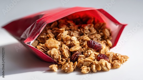 Close up of granola mixed with nuts and dried fruit in open packaging with soft lighting