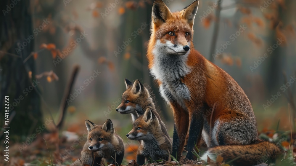 Obraz premium A family of chanterelles in the forest. A female fox and small foxes.