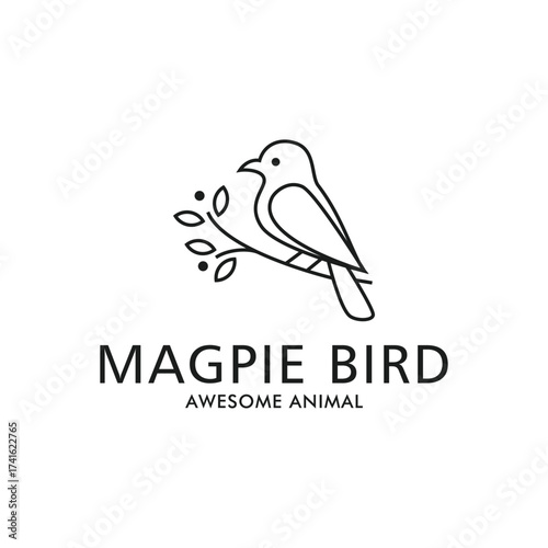The Magpie bird logo is perched on a stalk and leaves, suitable for business, animal icon vector illustration
