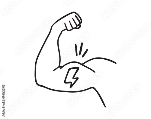 Strong muscle power concept with lightning icon doodle hand drawn. Outline line drawing clipart symbol