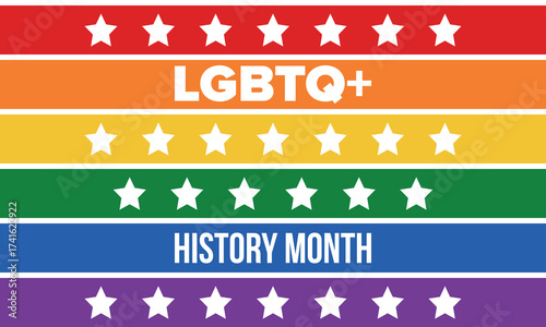 LGBTQ+ history month. Pride Month. Lesbian Gay Bisexual Transgender. Celebrated annual. LGBT flag. Rainbow love concept. Human rights and tolerance. Poster, card, banner and background. Vector