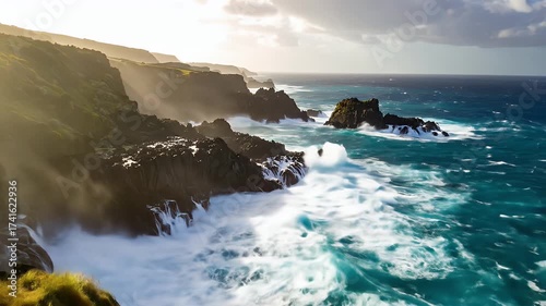 Rugged ocean coast with powerful waves crashing against dramatic cliffs under a dramatic sky with sunlight breaking through clouds