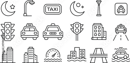 Black and white line art transportation city icons, taxi car, street light, traffic signal, moon night, building skyline