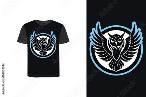 Tshirt mockup owl with spread wings in a circular emblem a dark bird
