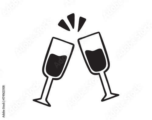 Two glasses of wine clink together icon doodle hand drawn. Outline line drawing clipart symbol