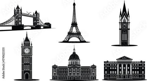 Famous world landmarks silhouette illustration, Eiffel Tower, Big Ben, Tower Bridge, historic architecture, travel icons,