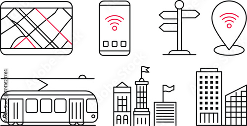 Minimalist line art city transport icons, smart navigation map, mobile internet connection, modern buildings,