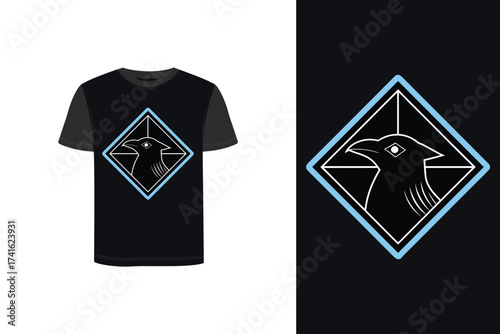 Tshirt mockup raven head graphic inside a diamond badge a t-shirt bird
