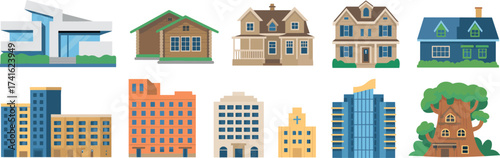 Set of 10 stylized building illustrations, modern and traditional house icons, cartoon architecture, residential and commercial real estate graphics
