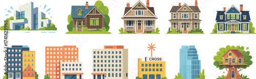 Set of 10 stylized building illustrations, modern and traditional house icons, cartoon architecture, residential and commercial real estate graphics