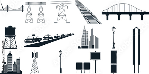 Urban infrastructure icons collection, black and white city elements, roads, buildings, bridges, traffic, utilities, railways,