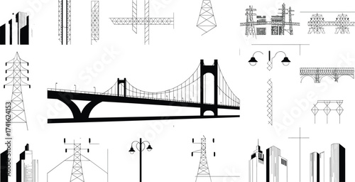 Urban infrastructure icons collection, black and white city elements, roads, buildings, bridges, traffic, utilities, railways,