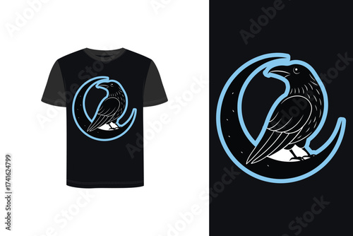 Tshirt mockup raven silhouette perched crescent moon with light blue outline crow