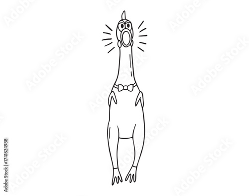 Funny screaming rubber chicken toy, squawking chicken icon doodle hand drawn. Outline line drawing clipart symbol