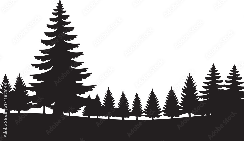 Obraz premium Silhouette of a forest with pine trees isolated on white background