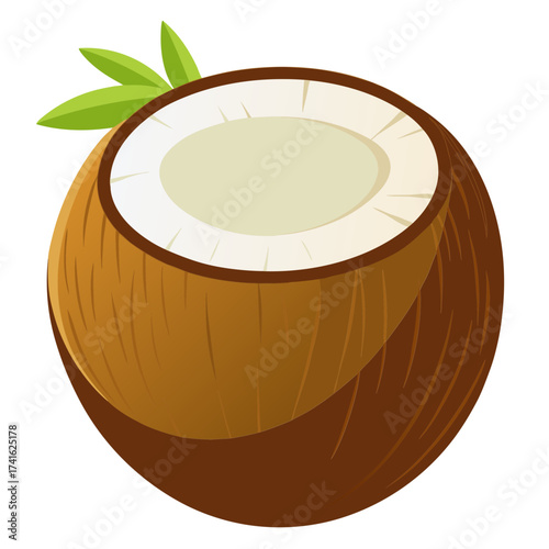 Illustration of a fresh coconut, , cut open to reveal its white flesh and refreshing water in a simple design