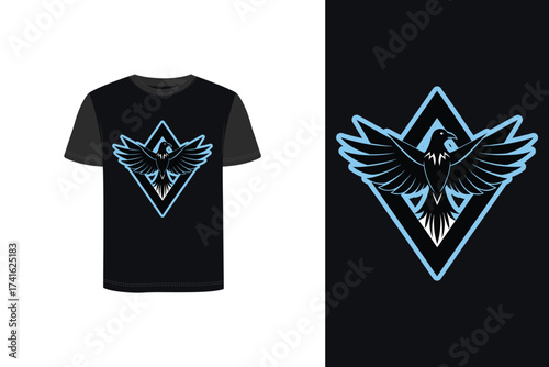 Tshirt mockup raven with outstretched wings inside a diamond shape with blue outline