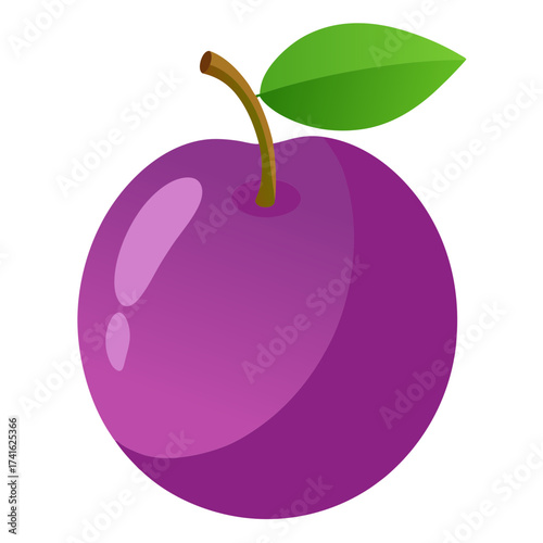 Vector art of a luscious plum illustration, highlighting its smooth surface, slender stem, and vibrant green leaf in a clean style