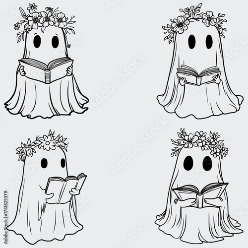 Halloween Floral ghost Read Book Line Art SVG Bundle, Ghost SVG, Halloween SVG, Silhouette, Vector, Cutting File For Cricut, Books SVG, Ghost Reading Book SVG